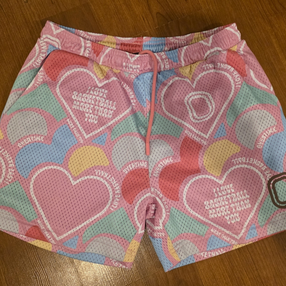 Pink and Blue Athletic Shorts with Heart Pattern